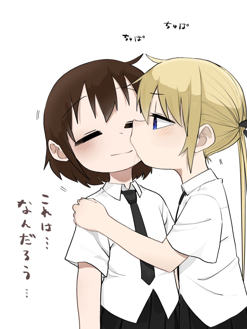 2girls absurdres blonde_hair blue_eyes blush brown_hair fusuma_(suwaru_boom) hair_ribbon highres kill_me_baby kissing long_hair multiple_girls necktie open_mouth oribe_yasuna ribbon school_uniform shirt short_hair simple_background skirt sonya_(kill_me_baby) translation_request twintails white_background yuri