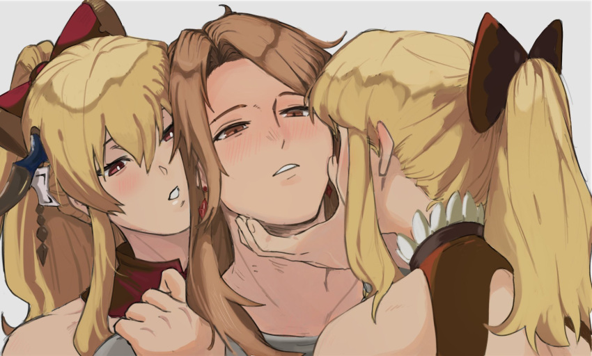 3girls blonde_hair blush bow brown_eyes brown_hair clone commentary earrings english_commentary granblue_fantasy grey_background grey_shirt hairbow hand_on_another's_face hand_on_another's_shoulder highres jewelry katalina_(granblue_fantasy) long_hair multiple_girls parted_lips pom_dovu ponytail red_bow red_eyes shirt simple_background upper_body vira_(granblue_fantasy) yuri