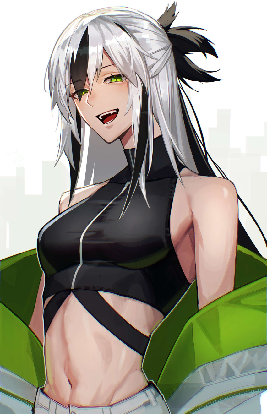 absurdres bare_shoulders black_hair breasts crop_top cropped_shirt fate/grand_order fate_(series) female green_eyes hair_between_eyes haruakira highres jacket linea_alba long_hair looking_at_viewer midriff multicolored_clothes multicolored_hair multicolored_jacket navel open_clothes shirt shorts sleeveless smile solo two-tone_hair two-tone_jacket uesugi_kenshin_(fate) uesugi_kenshin_(second_ascension)_(fate) white_hair white_jacket white_shorts