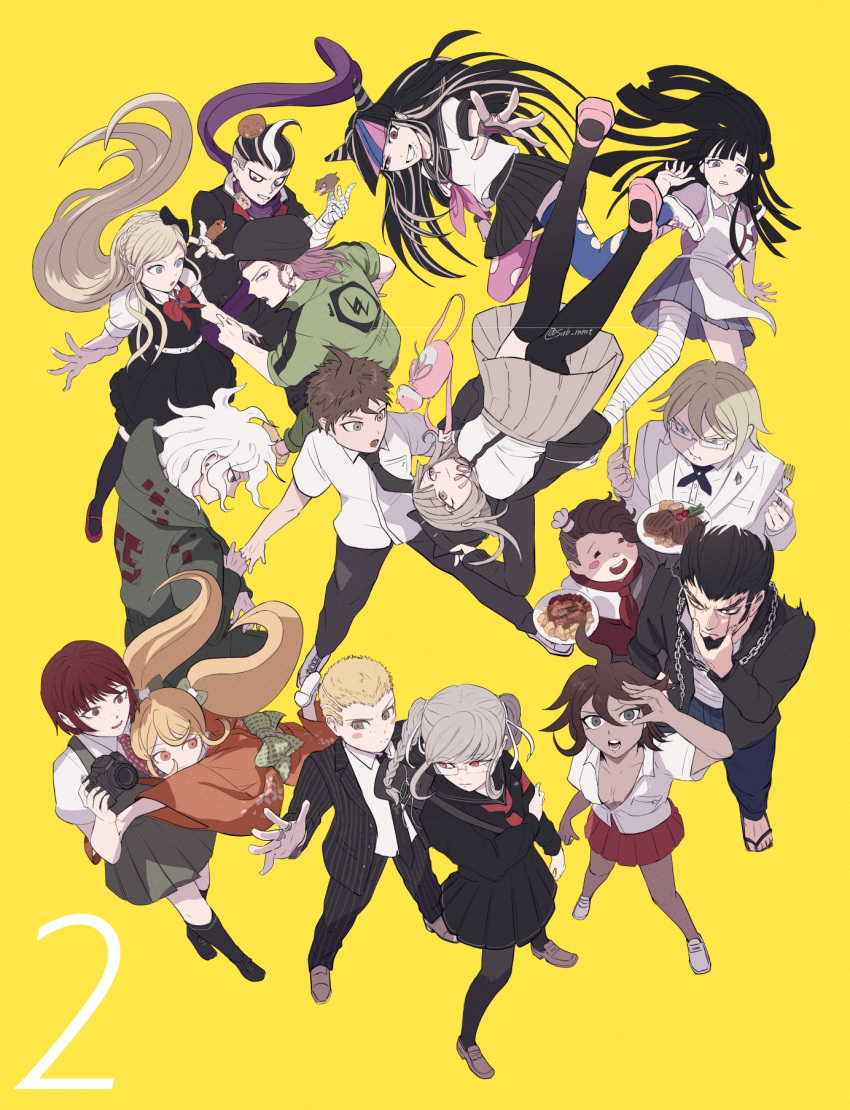 6+boys 6+girls ahoge bandaged_arm bandaged_leg bandages black_bow black_dress black_hair black_jacket black_serafuku black_thighhighs blonde_hair blue_eyes blue_hair blue_skirt blue_thighhighs bow bowtie braid brown_hair camera chains cham-p coat collared_shirt danganronpa_(series) danganronpa_2:_goodbye_despair dark-skinned_female dark_skin dress everyone food fork from_above glasses green_bow green_coat green_jumpsuit green_necktie grey_eyes grey_hair hair_ribbon hamster hanamura_teruteru highres hinata_hajime holding holding_camera holding_fork holding_plate jacket japanese_clothes jum-p jumpsuit kimono koizumi_mahiru komaeda_nagito kuzuryu_fuyuhiko long_hair looking_at_another looking_at_viewer looking_to_the_side looking_up maga-g mary_janes mioda_ibuki mismatched_thighhighs mt2_(sub_mmt) multicolored_hair multiple_boys multiple_girls nanami_chiaki neckerchief necktie nidai_nekomaru obi open_clothes open_jacket orange_eyes orange_kimono owari_akane partially_unbuttoned pekoyama_peko pink_eyes pink_footwear pink_hair pink_shirt pink_thighhighs plate pleated_skirt puffy_short_sleeves puffy_sleeves purple_eyes purple_scarf red_bow red_bowtie red_footwear red_hair red_neckerchief red_necktie red_skirt ribbon saionji_hiyoko sandals sash scar scar_across_eye scar_on_leg scarf school_uniform serafuku shirt shoes short_hair short_sleeves sideburns simple_background skirt soda_kazuichi sonia_nevermind streaked_hair striped_clothes sun-d tanaka_gundham thighhighs togami_byakuya_(danganronpa_2) torn_clothes torn_thighhighs tsumiki_mikan twin_braids twintails twitter_username two-tone_hair white_footwear white_hair white_ribbon white_shirt yellow_background