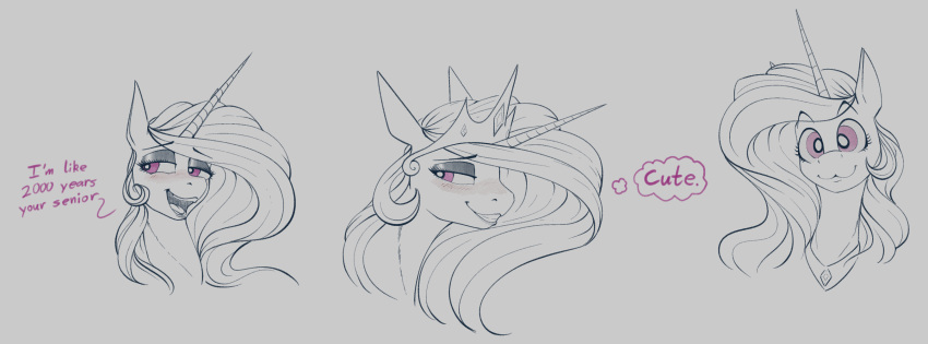 :3 blush crown equid equine eyebrows female friendship_is_magic hasbro headgear headshot_portrait hi_res horn mammal my_little_pony mythological_creature mythological_equine mythology open_mouth open_smile portrait princess_celestia_(mlp) purple_eyes raised_eyebrows restricted_palette smile stray_prey thought_bubble tiara unicorn