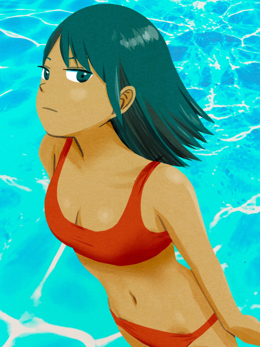 bikini black_eyes black_hair breasts expressionless faux_traditional_media female highres looking_at_viewer medium_hair navel nicomull250 original red_bikini small_breasts solo standing swimsuit water