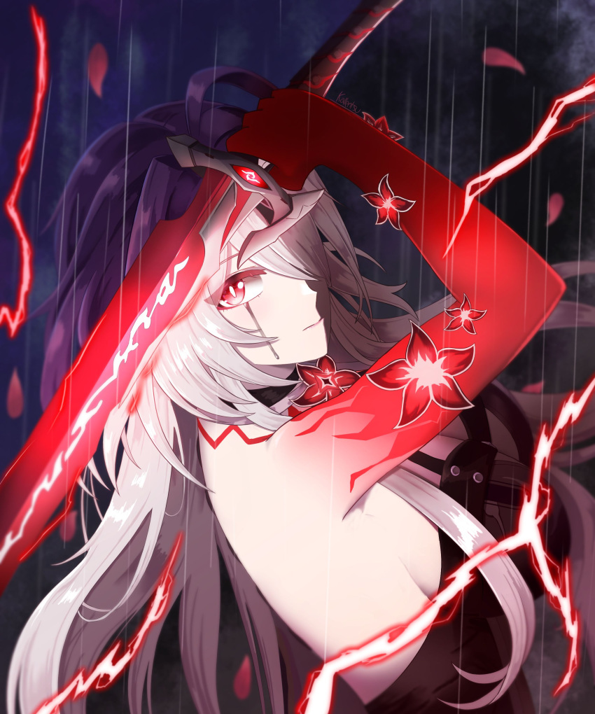 absurdres acheron_(honkai:_star_rail) ahoge arms_up body_markings colored_extremities english_commentary female flower highres holding holding_sword holding_weapon honkai:_star_rail honkai_(series) kallentsu katana long_hair looking_at_viewer petals red_eyes red_flower red_hands red_lightning simple_background sword teardrop weapon white_hair