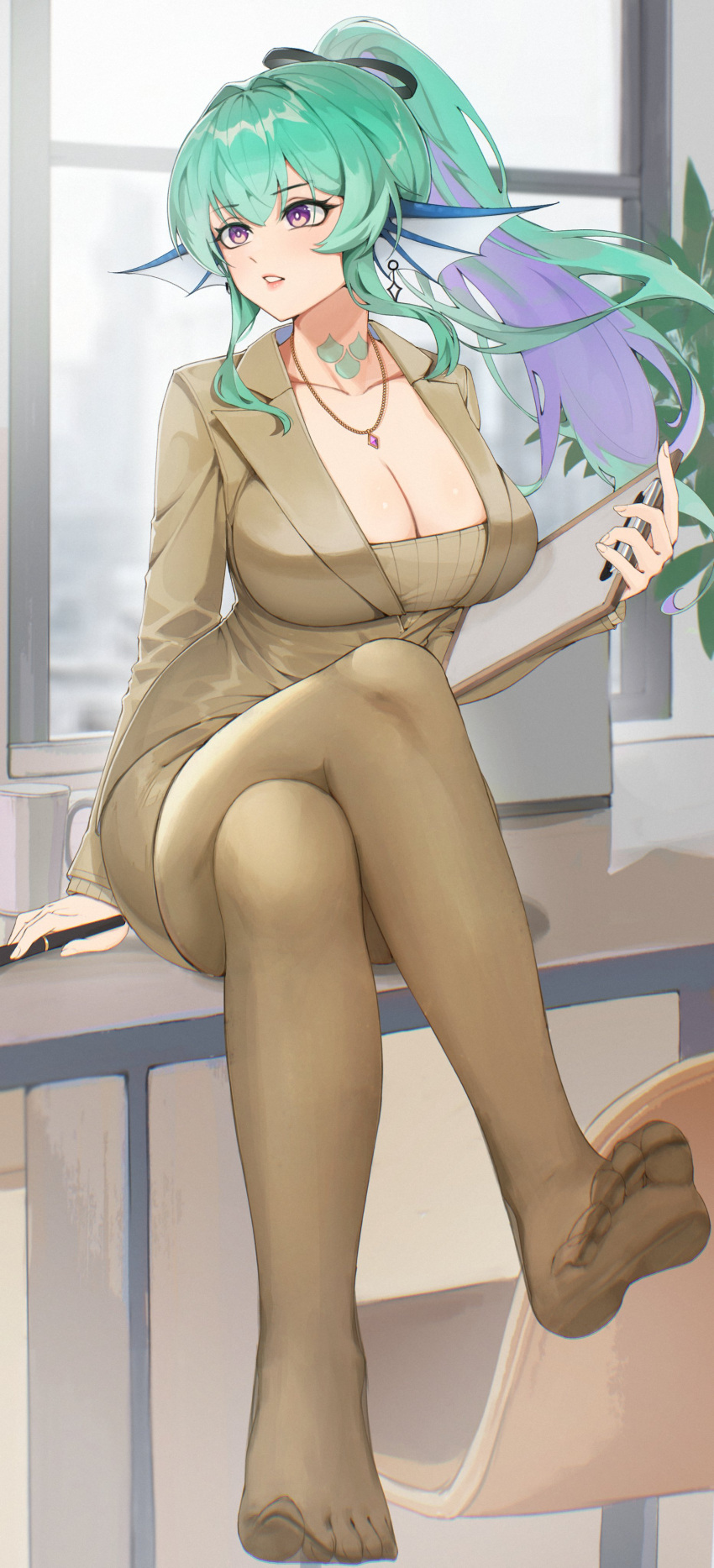 absurdres blush breasts business_suit cleavage clipboard commission female finana_ryugu fins green_hair head_fins high_ponytail highres holding holding_clipboard holding_pen large_breasts legs long_hair looking_to_the_side lovertee_arts nijisanji nijisanji_en no_shoes on_table pantyhose parted_lips pen purple_eyes scales sitting solo suit table virtual_youtuber