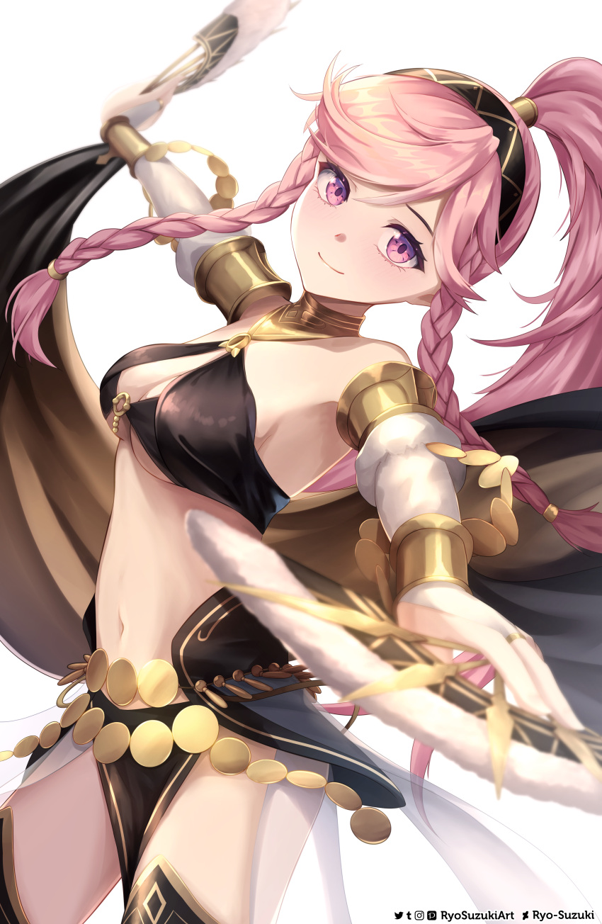 absurdres artist_name black_hairband bracelet braid breasts bridal_gauntlets cleavage closed_mouth commentary criss-cross_halter dancer female fire_emblem fire_emblem_awakening fire_emblem_heroes foreshortening gold_armlet gold_bracelet hair_tubes hairband halterneck hand_fan highres holding holding_fan jewelry long_hair looking_at_viewer midriff mixed-language_commentary navel o-ring o-ring_top official_alternate_costume olivia_(fire_emblem) olivia_(performing_arts)_(fire_emblem) pelvic_curtain pink_eyes pink_hair purple_eyes ryo-suzuki side_braids simple_background smile solo stomach swept_bangs thighs twin_braids underboob very_long_hair white_background