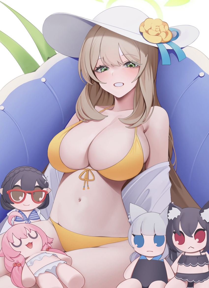 ayane_(blue_archive) ayane_(swimsuit)_(blue_archive) bare_shoulders bikini blonde_hair blue_archive blush breasts character_doll commentary female front-tie_bikini_top front-tie_top fumo_(doll) glasses green_eyes halo highres hoshino_(blue_archive) hoshino_(swimsuit)_(blue_archive) kashiko_(kshiko1) korean_commentary large_breasts long_hair looking_at_viewer navel nonomi_(blue_archive) nonomi_(swimsuit)_(blue_archive) off_shoulder official_alternate_costume red-framed_eyewear serika_(blue_archive) serika_(swimsuit)_(blue_archive) shiroko_(blue_archive) shiroko_(swimsuit)_(blue_archive) shirt sideboob sitting solo stomach swimsuit thighs white_headwear white_shirt yellow_bikini