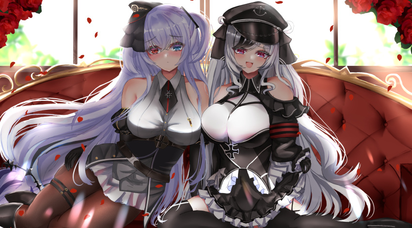 2girls :d absurdres armband azur_lane bare_shoulders black_corset black_dress black_gloves black_hair black_headwear black_ribbon black_thighhighs blue_eyes blush breasts brown_pantyhose clothing_cutout collared_shirt corset couch cross day dress elbe_(azur_lane) elbing_(azur_lane) flower frilled_dress frills gloves hair_ribbon hat heterochromia highres indoors iron_cross large_breasts layered_dress leotard light_purple_hair long_hair looking_at_viewer multicolored_hair multiple_girls necktie pantyhose peaked_cap purple_eyes red_armband red_eyes red_flower red_rose rei_tuki ribbon rose shirt short_dress short_necktie shoulder_cutout smile streaked_hair thigh_strap thighhighs two-tone_hair very_long_hair white_hair white_leotard white_shirt