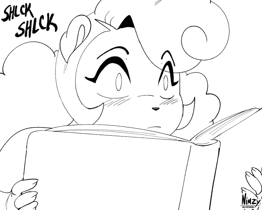 2023 5:4 anthro blush blush_lines book clothed clothing cricetid english_text female hair hamster holding_book holding_object mammal monochrome nimzy noms_(nimzy) pupils rodent text