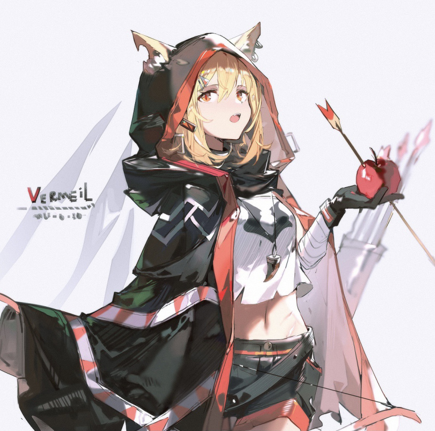 animal_ears apple arknights arrow_(projectile) arrow_through_apple bandaged_arm bandages black_cloak black_gloves black_shorts blonde_hair bow_(weapon) character_name cloak cowboy_shot cropped_shirt dadijiji dated ear_piercing ears_through_headwear female food fox_ears fruit gloves hair_ornament hairclip holding holding_bow_(weapon) holding_food holding_fruit holding_weapon hood hood_up hooded_cloak looking_at_viewer midriff navel notched_ear open_mouth orange_eyes piercing quiver shirt shorts solo vermeil_(arknights) weapon white_background white_shirt