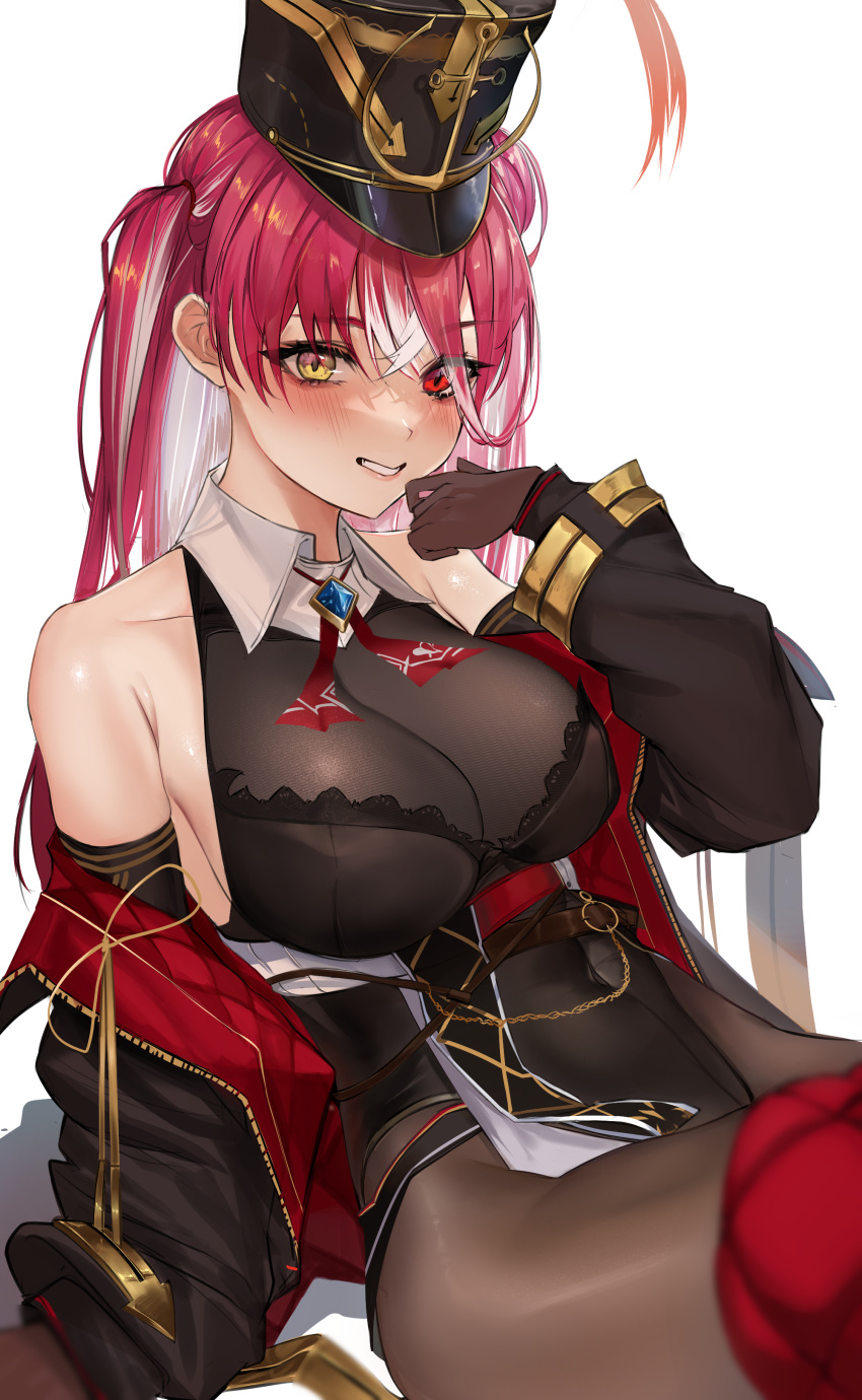 absurdres arm_support bad_id bad_twitter_id bare_shoulders black_jacket black_leotard blush breasts brown_gloves brown_pantyhose cleavage colored_inner_hair female gloves grey_hair grin hand_up hat heterochromia highres hololive houshou_marine houshou_marine_(marching_band) jacket large_breasts leotard long_hair long_sleeves mookie_(e_mook9) multicolored_hair official_alternate_hair_length official_alternate_hairstyle open_clothes open_jacket pantyhose puffy_long_sleeves puffy_sleeves red_eyes red_hair see-through see-through_cleavage shako_cap simple_background smile solo streaked_hair very_long_hair virtual_youtuber white_background white_hair yellow_eyes