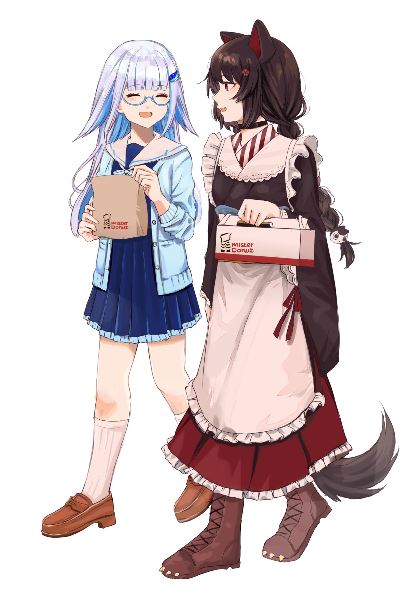 2girls ^_^ absurdres animal_ears apron bag black_choker blue_hair blue_skirt blue_sweater boots box braid brown_footwear brown_hair choker closed_eyes colored_inner_hair dog_ears dog_tail frilled_kimono frills glasses highres holding holding_bag holding_box ibuki_(ibuki0118) inui_toko japanese_clothes kimono lize_helesta lize_helesta_(4th_costume) long_hair maid maid_apron maid_headdress mister_donut multicolored_hair multiple_girls nijisanji oerba_yun_fang open_mouth red_eyes sailor_collar skirt smile sweater tail twin_braids virtual_youtuber wa_maid white_hair