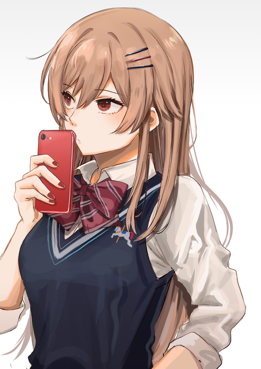 absurdres black_vest brown_eyes brown_hair cellphone collared_shirt commentary_request female furen_e_lustario hair_behind_ear hair_ornament hairclip highres holding holding_phone ibuki_(ibuki0118) long_hair looking_to_the_side nijisanji phone red_nails shirt smartphone solo upper_body vest virtual_youtuber white_shirt