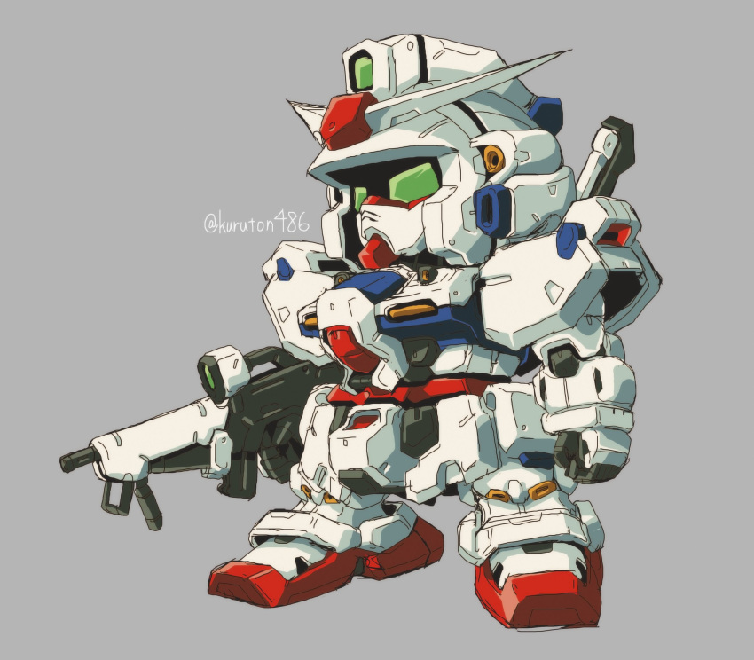 chibi green_eyes grey_background gun gundam highres holding holding_gun holding_weapon kuruton486 looking_ahead mecha mobile_suit no_humans original robot science_fiction solo twitter_username v-fin weapon