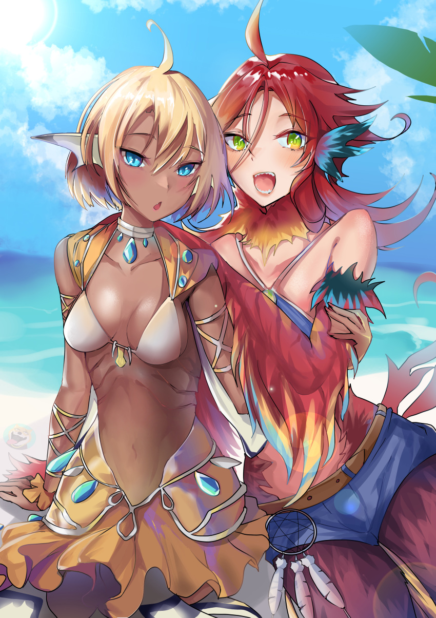 2girls :d :o absurdres ahoge bad_id bad_pixiv_id belt bikini bikini_top_only blonde_hair blue_eyes blue_shorts blue_sky breasts chinese_commentary commentary dark-skinned_female dark_skin feathered_wings gills green_eyes hair_between_eyes harpy highres illy_(monster_musume_no_oisha-san) jinpaitugounan looking_at_viewer lulala_heine mermaid monster_girl monster_musume_no_oisha-san multicolored_wings multiple_girls open_mouth outdoors red_hair sharp_teeth short_hair shorts skirt sky smile swimsuit teeth winged_arms wings