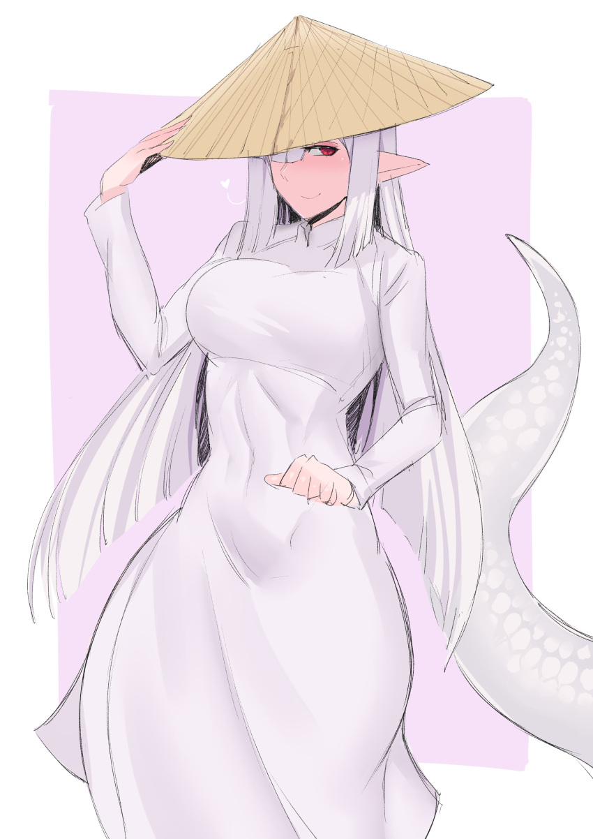 absurdres adjusting_clothes adjusting_headwear bad_id bad_twitter_id breasts closed_mouth commentary dress english_commentary female hat heart highres lamia large_breasts long_dress long_hair long_sleeves monster_girl monster_girl_encyclopedia one_eye_covered pointy_ears red_eyes scales shirohebi_(monster_girl_encyclopedia) smile solo stormcow straight_hair tail vietnamese_dress white_dress white_hair