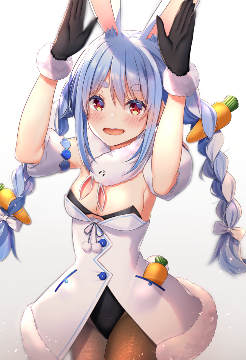 animal_ear_fluff animal_ears arms_up black_gloves blue_hair blush braid breasts carrot carrot_hair_ornament cleavage coat commentary cowboy_shot detached_sleeves don-chan_(usada_pekora) extra_ears female food-themed_hair_ornament fur_trim gloves gradient_background hair_ornament highres hololive leotard long_braid long_hair looking_at_viewer medium_breasts multicolored_hair object_in_pocket open_mouth pantyhose playboy_bunny rabbit_ears rabbit_girl rabbit_pose rabbit_tail scarf smile solo strapless strapless_leotard tail thick_eyebrows twin_braids twintails two-tone_hair usada_pekora usada_pekora_(1st_costume) virtual_youtuber white_background white_coat white_hair yuteke_key