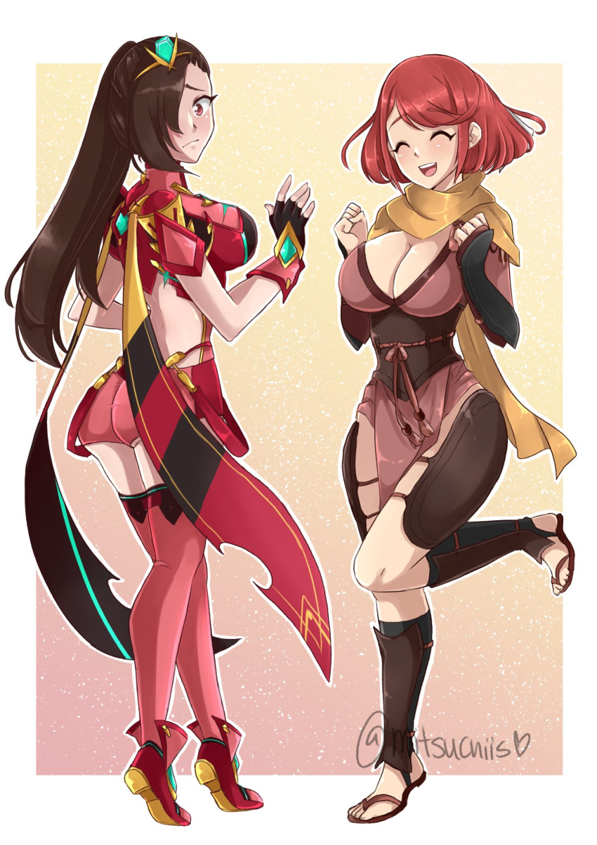 2girls ass bracer breasts brown_eyes brown_hair cleavage closed_eyes commission cosplay costume_switch fingerless_gloves fire_emblem fire_emblem_fates full_body gloves hair_over_one_eye headpiece highres jewelry kagero_(fire_emblem) kagero_(fire_emblem)_(cosplay) large_breasts long_hair mitsuchiis multiple_girls ninja open_mouth pelvic_curtain ponytail pyra_(xenoblade) pyra_(xenoblade)_(cosplay) red_hair sandals scarf short_hair shorts swept_bangs tiara xenoblade_chronicles_(series) xenoblade_chronicles_2 yellow_scarf zouri