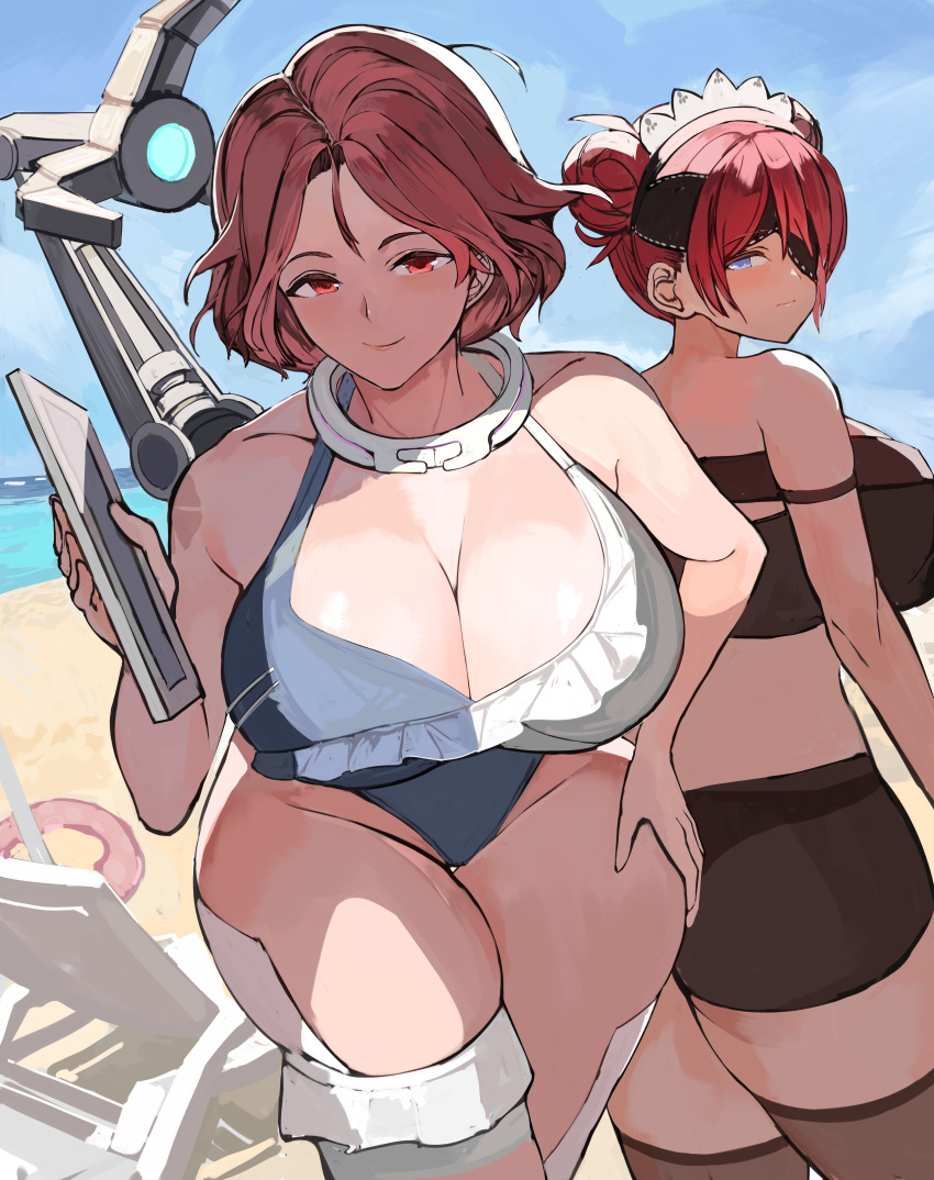 2girls absurdres ass bad_id bad_pixiv_id bikini blue_eyes blush breasts cleavage closed_mouth collar curvy double_bun eyepatch fortune_(last_origin) fotia_of_fireside hair_bun headdress highres large_breasts last_origin looking_at_viewer looking_back maid maid_headdress mechanical_arms mizuiro_sanshou multiple_girls official_alternate_costume red_eyes red_hair shiny_skin short_hair single_mechanical_arm smile swimsuit thighhighs