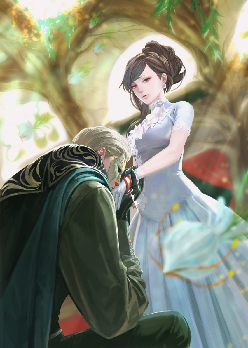 1boy barbara_(pixiv_fantasia_last_saga) black_gloves braid brown_hair cape commentary_request dress earrings female flower gloves hair_up highres jewelry kissing kissing_hand long_hair long_sleeves lugref_(pixiv_fantasia_last_saga) mask moyatarou on_one_knee pixiv_fantasia pixiv_fantasia_last_saga red_eyes short_sleeves straight sunlight white_dress