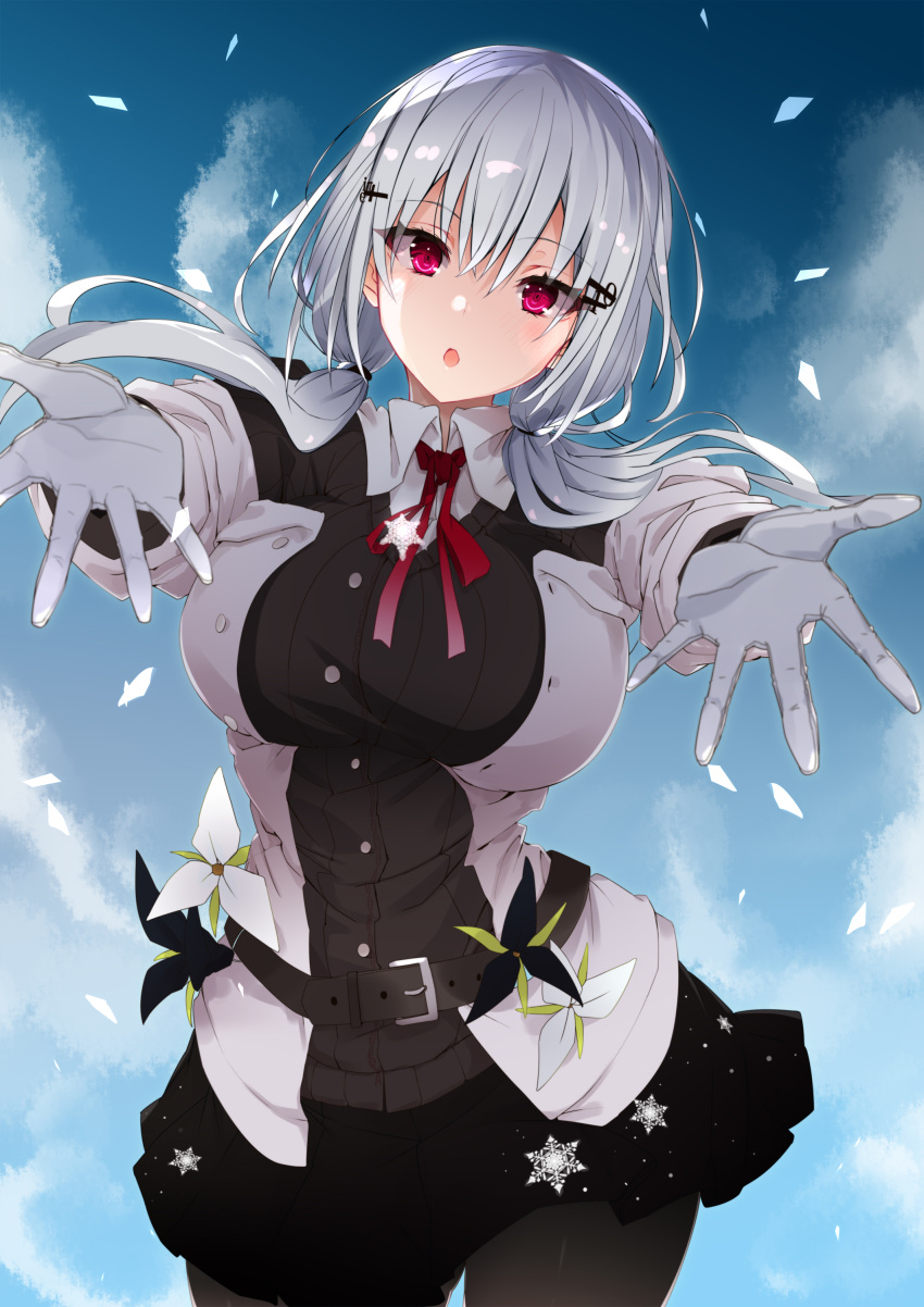 absurdres belt black_skirt collared_shirt female flower gloves grey_hair hakase_fuyuki hakase_fuyuki_(1st_costume) highres long_hair nijisanji open_mouth pink_eyes reaching reaching_towards_viewer red_ribbon ribbon shirt skirt solo twintails vane_(vane0) virtual_youtuber white_gloves white_shirt