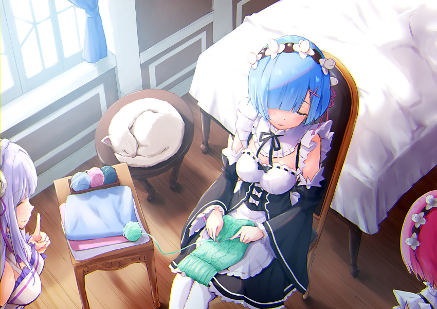 3girls bed bedroom blue_hair blush breasts chair closed_eyes closed_mouth commentary day emilia_(re:zero) feline hair_over_one_eye highres index_finger_raised indoors maid maid_headdress multiple_girls ram_(re:zero) re:zero_kara_hajimeru_isekai_seikatsu red_hair rem_(re:zero) roswaal_mansion_maid_uniform sewing short_hair sleeping small_breasts solo_focus tarunyan white_hair window wooden_floor wool