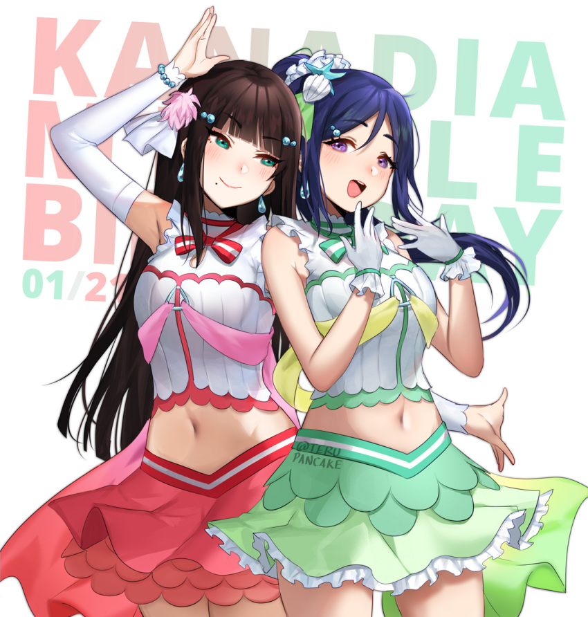 2girls :d arm_up armpits blue_hair blunt_bangs bracelet breasts brown_hair commentary cowboy_shot detached_sleeves drop_earrings duplicate earrings english_commentary gloves green_eyes green_skirt hair_ornament hair_scrunchie hairclip hands_up highres idol jewelry koi_ni_naritai_aquarium kurosawa_dia layered_skirt long_hair looking_at_another looking_at_viewer love_live! love_live!_sunshine!! matsuura_kanan medium_breasts midriff mole mole_under_mouth multiple_girls navel open_mouth outstretched_arm pearl_bracelet pink_skirt pixel-perfect_duplicate ponytail purple_eyes scrunchie shirt simple_background skirt sleeveless sleeveless_shirt smile terupancake twitter_username white_background white_gloves white_scrunchie