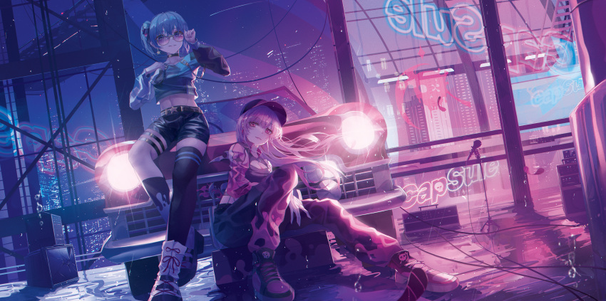 2girls absurdres baseball_cap blue_eyes blue_hair breasts cable capsule_(hololive) car city city_lights commentary earrings english_commentary graffiti hat headlight headlight_beam highres hololive hololive_english hoshimachi_suisei jewelry long_hair looking_at_viewer medium_breasts medium_hair microphone microphone_stand midriff mori_calliope motor_vehicle multiple_girls neon_palette night outdoors pants pink_eyes pink_hair shoes shooting_star shorts side_ponytail sitting skyline song_name stereo sunglasses thighhighs turbulence virtual_youtuber