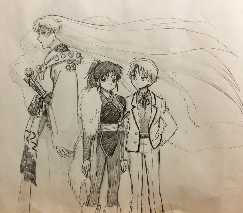 1boy 2girls cape father_and_daughter hair_ornament han'you_no_yashahime highres higurashi_towa inuyasha japanese_clothes katana long_hair monochrome multiple_girls oooranje_nlj ponytail sesshoumaru setsuna_(inuyasha) short_hair siblings sisters sword twins very_long_hair weapon