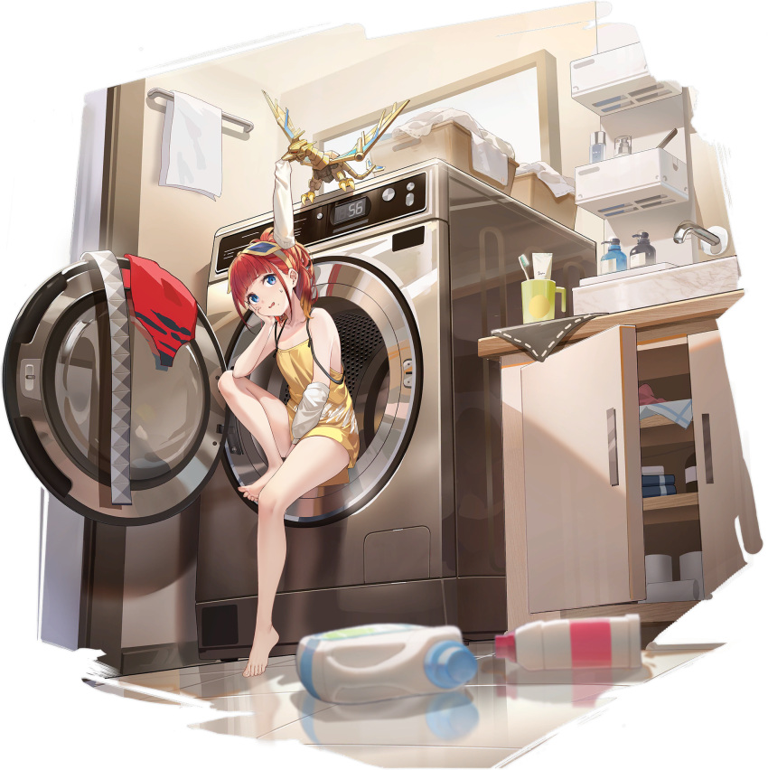 asukagawa_chise asukagawa_chise_(laundry_day) azur_lane bare_legs bare_shoulders barefoot between_legs blue_eyes blue_hairband blunt_bangs blush bow_hairband box breasts chair closet collarbone cup detached_sleeves dress feet female full_body goldburn gradient_hair gridman_universe hairband hand_between_legs hand_on_own_cheek hand_on_own_face highres in_washing_machine indoors knee_up kurumi_(recycllamo) legs looking_at_viewer mug multicolored_hair multicolored_hairband official_alternate_costume official_art open_mouth orange_hair ponytail red_hair sitting sleeveless small_breasts soles spoken_squiggle spread_toes squiggle sweatdrop toes towel transparent_background washing_machine washing_machine_interior yellow_dress yellow_hairband