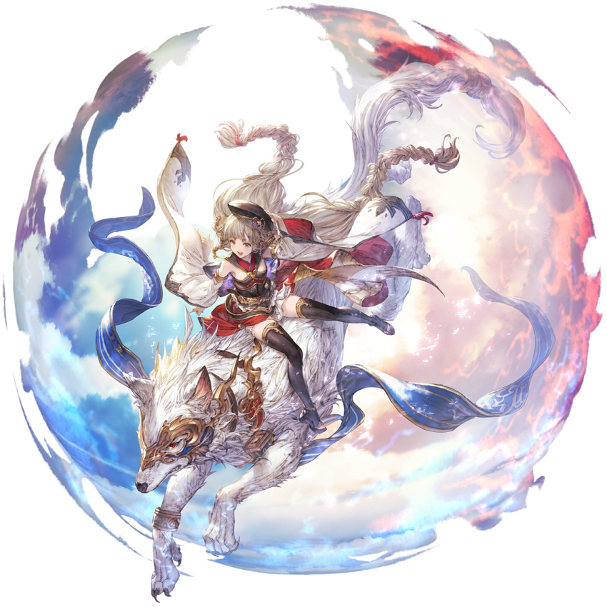 adjusting_clothes adjusting_headwear arm_at_side arm_up braid brown_eyes brown_hat brown_thighhighs creature detached_sleeves dress female full_body granblue_fantasy green_eyes grey_hair hakutaku_(granblue_fantasy) hat heterochromia long_hair magic minaba_hideo official_art open_mouth pholia platform_footwear simple_background sitting solo thighhighs toeless_footwear transparent_background white_sleeves wide_sleeves