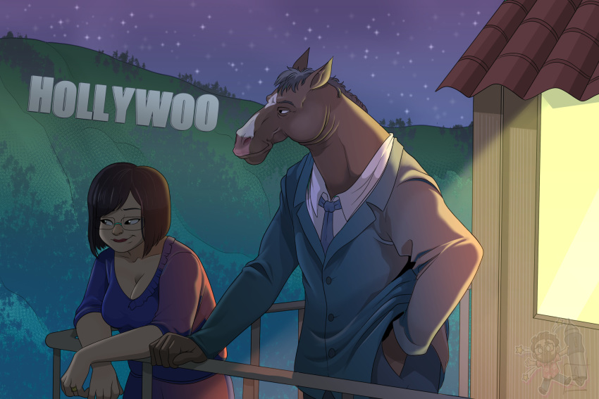 2020 3:2 aaron_schmit anthro bojack_horseman bojack_horseman_(character) breasts cleavage clothed clothing diane_nguyen duo equid equine eyewear female glasses hi_res hill hollywood horse human male mammal necktie netflix night sign star suit