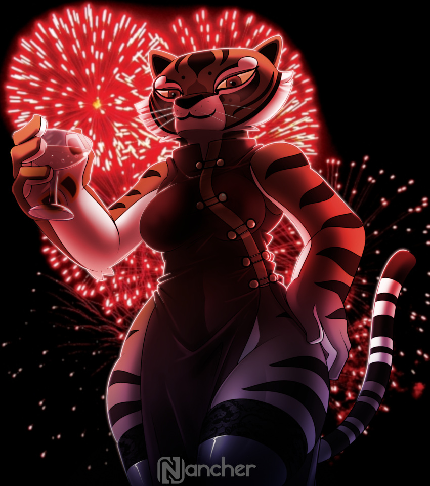 4_fingers anthro asian_clothing breasts chinese_clothing chinese_dress clothing cocktail_glass container cup dreamworks dress drinking_glass east_asian_clothing felid female fingers fireworks front_view fur glass glass_container glass_cup hand_on_hip hi_res holding_glass holding_object kung_fu_panda legwear looking_at_viewer low-angle_view mammal master_tigress medium_breasts nancher pantherine smile snout solo stockings striped_body striped_fur stripes tiger wide_hips wishbone_mouth