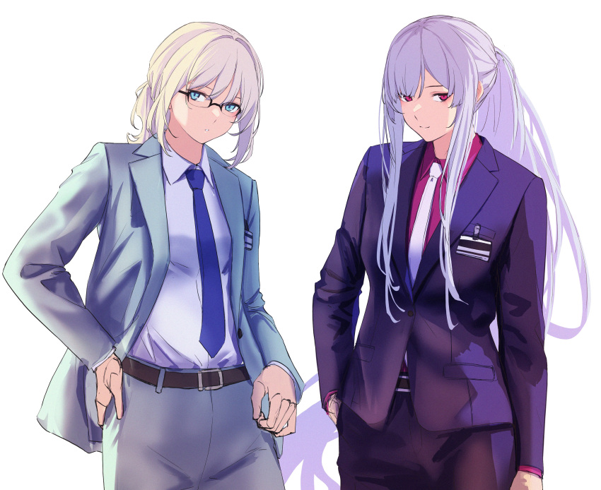 2girls 3_small_spiders absurdres ak-12_(girls'_frontline) ak-12_(lucia)_(girls'_frontline) an-94_(antje)_(girls'_frontline) an-94_(girls'_frontline) aqua_eyes aqua_jacket belt blonde_hair blue_necktie closed_mouth formal girls'_frontline grey_hair hand_in_pocket highres id_card jacket long_hair looking_at_viewer multiple_girls necktie official_alternate_costume open_clothes open_jacket pants ponytail purple_eyes purple_jacket red_shirt shirt smile standing suit unusually_open_eyes white_background white_necktie white_shirt