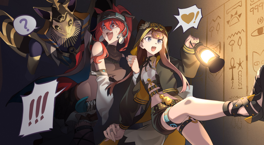 ! 2girls ? absurdres animal_ear_hood arknights black_footwear black_jacket black_shorts blue_eyes brown_hair hair_between_eyes heart hieroglyphics highres holding_lamp hood hood_up hooded_jacket indoors infection_monitor_(arknights) jacket jewelry kerosene_lamp liang_chan_xing_make_tu long_hair long_sleeves midriff multiple_girls narantuya_(arknights) oerba_yun_fang open_mouth pepe_(arknights) red_eyes red_hair ring scared shoes short_shorts shorts skin_fang speech_bubble spoken_exclamation_mark spoken_heart spoken_question_mark