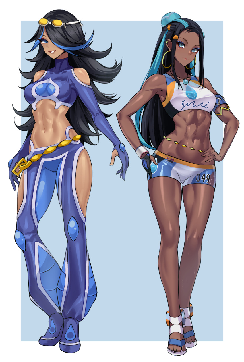 2girls abs armlet bare_shoulders belly_chain black_hair blue_eyes blue_eyeshadow blue_hair blue_pants blue_shirt blue_shorts breasts cropped_shirt dark-skinned_female dark_skin earrings eyeshadow full_body gloves goggles goggles_on_head hair_bun hair_over_one_eye highres hip_vent hoop_earrings jewelry long_hair long_sleeves looking_at_viewer makeup medium_breasts multicolored_hair multiple_girls navel necklace nessa_(pokemon) pants pokemon pokemon_oras pokemon_swsh sandals shelly_(pokemon) shirt shorts sidelocks single_glove single_hair_bun smile sports_bra toned two-tone_hair volyz white_shorts white_sports_bra