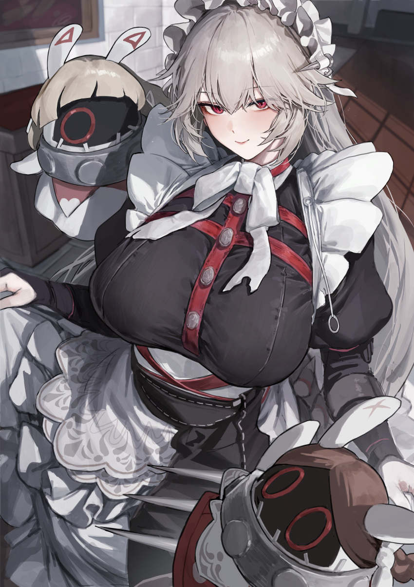 absurdres alexandrina_sebastiane anastella_(zenless_zone_zero) apron black_dress blush breasts closed_mouth dress drusilla_(zenless_zone_zero) female grey_hair highres large_breasts long_hair looking_at_viewer maid maid_headdress marse_(rokudaime) red_eyes skirt_hold smile solo white_apron zenless_zone_zero