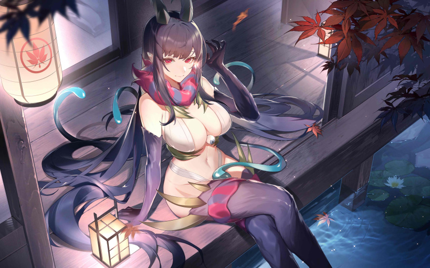 absurdly_long_hair absurdres ane_naru_mono bare_shoulders black_gloves black_hair black_horns black_thighhighs breasts chiyo_(ane_naru_mono) cleavage closed_mouth commentary_request crossed_legs elbow_gloves eyeball female gloves hair_spread_out highres horns lantern large_breasts long_hair looking_at_viewer navel paper_lantern pointy_ears red_eyes sidelocks sitting slime_hair smile solo stomach thighhighs very_long_hair water xianyu_liang