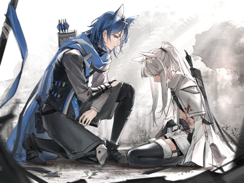 1boy animal_ear_fluff animal_ears arknights black_gloves blood_on_stomach blue_eyes blue_hair blue_scarf bow_(weapon) female gloves hand_on_own_stomach hatsumi0515 highres horse_boy horse_ears horse_girl kneeling long_hair long_sleeves looking_at_another looking_down partially_fingerless_gloves platinum_(arknights) roy_(arknights) scarf short_hair shorts sitting thighhighs wariza weapon white_hair white_shorts