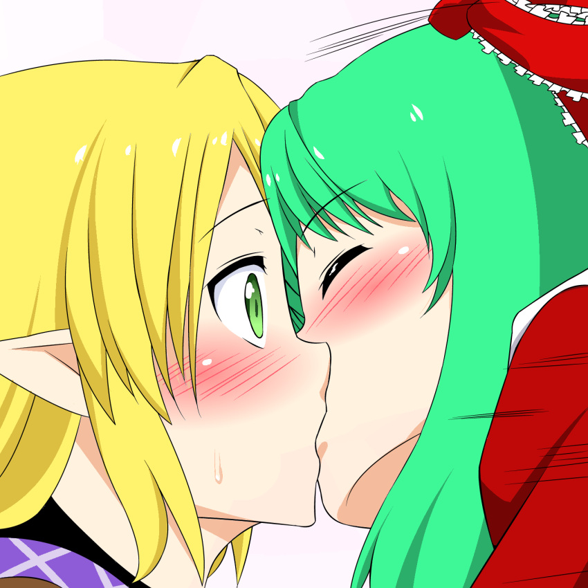 2girls blonde_hair blush bow green_eyes green_hair highres kagiyama_hina kissing mizuhashi_parsee multiple_girls pointy_ears red_bow red_ribbon ribbon sakura_trick shy sweat touhou tsukemen_(atsush3) white_background yuri