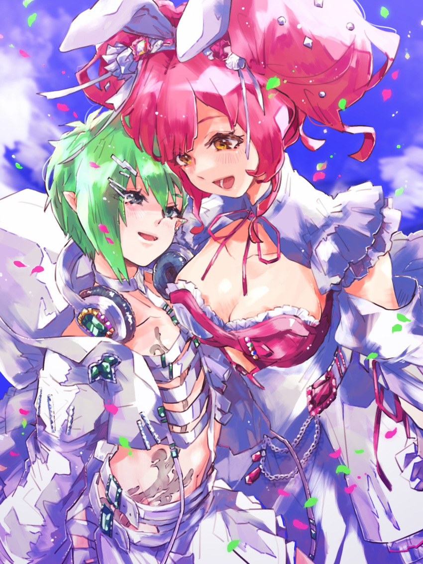 2girls animal_ear_headwear animal_ears blush breasts cleavage dress fake_animal_ears flat_chest grey_eyes hair_ornament hairclip headphones headphones_around_neck highres large_breasts looking_at_another macross macross_delta makina_nakajima midriff multiple_girls navel no31990 pink_hair pointy_ears rabbit_ears reina_prowler short_hair short_twintails twintails white_dress yellow_eyes