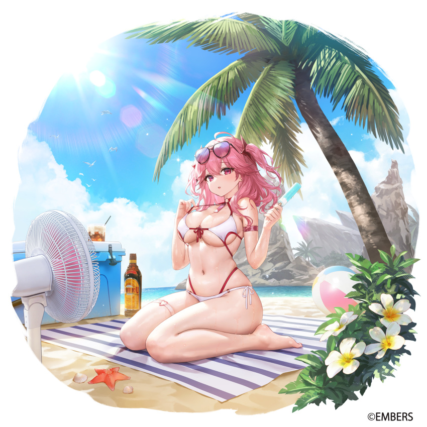 adelie_cat ahoge arm_strap ash_arms bare_legs bare_shoulders barefoot beach beach_mat bikini black_choker bottle breasts character_request choker cleavage cooler day electric_fan eyewear_on_head feet female food front-tie_bikini_top front-tie_top hair_ornament halterneck hands_up highleg highleg_bikini highres holding holding_food holding_popsicle large_breasts long_hair looking_at_viewer mole mole_under_eye multi-strapped_bikini_bottom multi-strapped_bikini_top navel o-ring o-ring_bikini o-ring_bottom official_art open_mouth outdoors palm_tree pink_hair popsicle pulling_own_clothes red_choker red_eyes seiza side-tie_bikini_bottom sitting skindentation solo stomach strap_pull string_bikini sunglasses sunlight swimsuit thigh_strap thighs tree two_side_up wet white_bikini