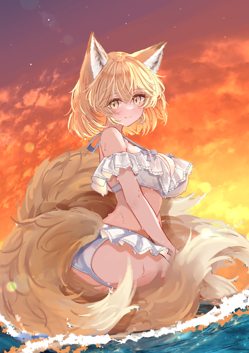 alternate_costume animal_ears ass bikini blonde_hair blush breasts cleavage closed_mouth cloud cloudy_sky commentary_request evening female fox_ears fox_girl fox_tail frilled_bikini frills hair_between_eyes highres kitsune kyuubi large_breasts looking_at_viewer multiple_tails ocean orange_sky outdoors sarasadou_dan short_hair sky smile solo sunset swimsuit tail touhou wading white_bikini yakumo_ran yellow_eyes