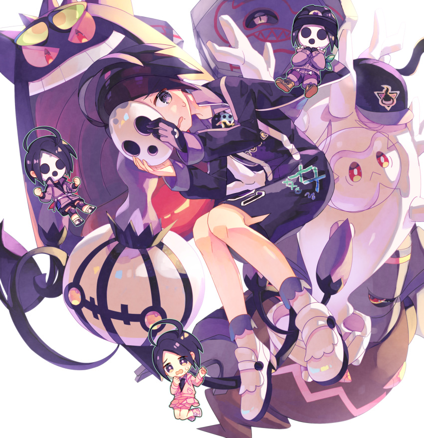 1boy ahoge allister_(pokemon) black_hair black_shorts chandelure crossdressing cursola dusknoir gengar gigantamax_gengar highres holding holding_mask male_focus mask multiple_views nagatsukiariake nervous pink_skirt pokemon pokemon_(creature) pokemon_swsh purple_eyes runerigus shorts skirt sunglasses white_footwear