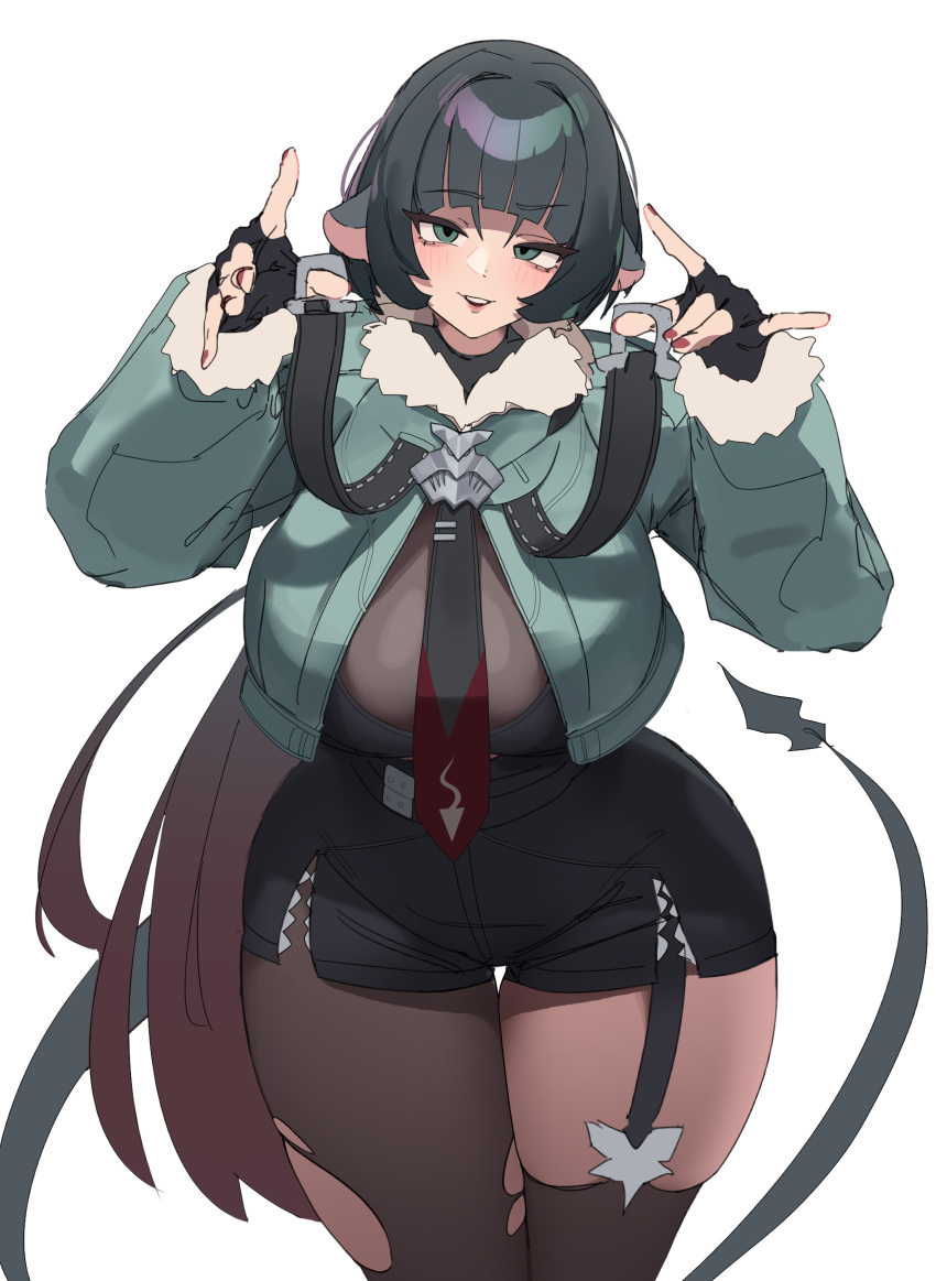 absurdres black_gloves black_pantyhose black_shorts blunt_bangs breasts cowboy_shot female fingernails fur-trimmed_jacket fur_trim gloves green_eyes green_hair green_jacket gya_rb highres huge_breasts jacket jane_doe_(zenless_zone_zero) long_hair looking_at_viewer multicolored_hair nail_polish necktie pantyhose red_hair red_nails shorts sidelocks simple_background small_breasts smile solo thighs zenless_zone_zero