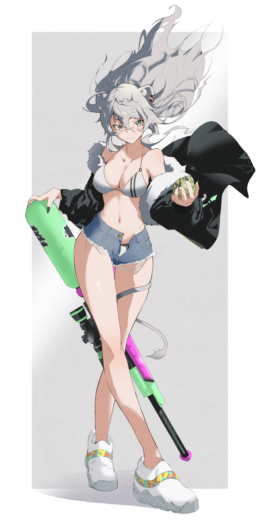 absurdres animal_ears bikini breasts cutoff_jeans cutoffs female grey_hair highres hololive jacket long_hair menomeno_draw nail_polish open_clothes open_jacket shishiro_botan shorts simple_background solo string_bikini swimsuit tail water_balloon water_gun