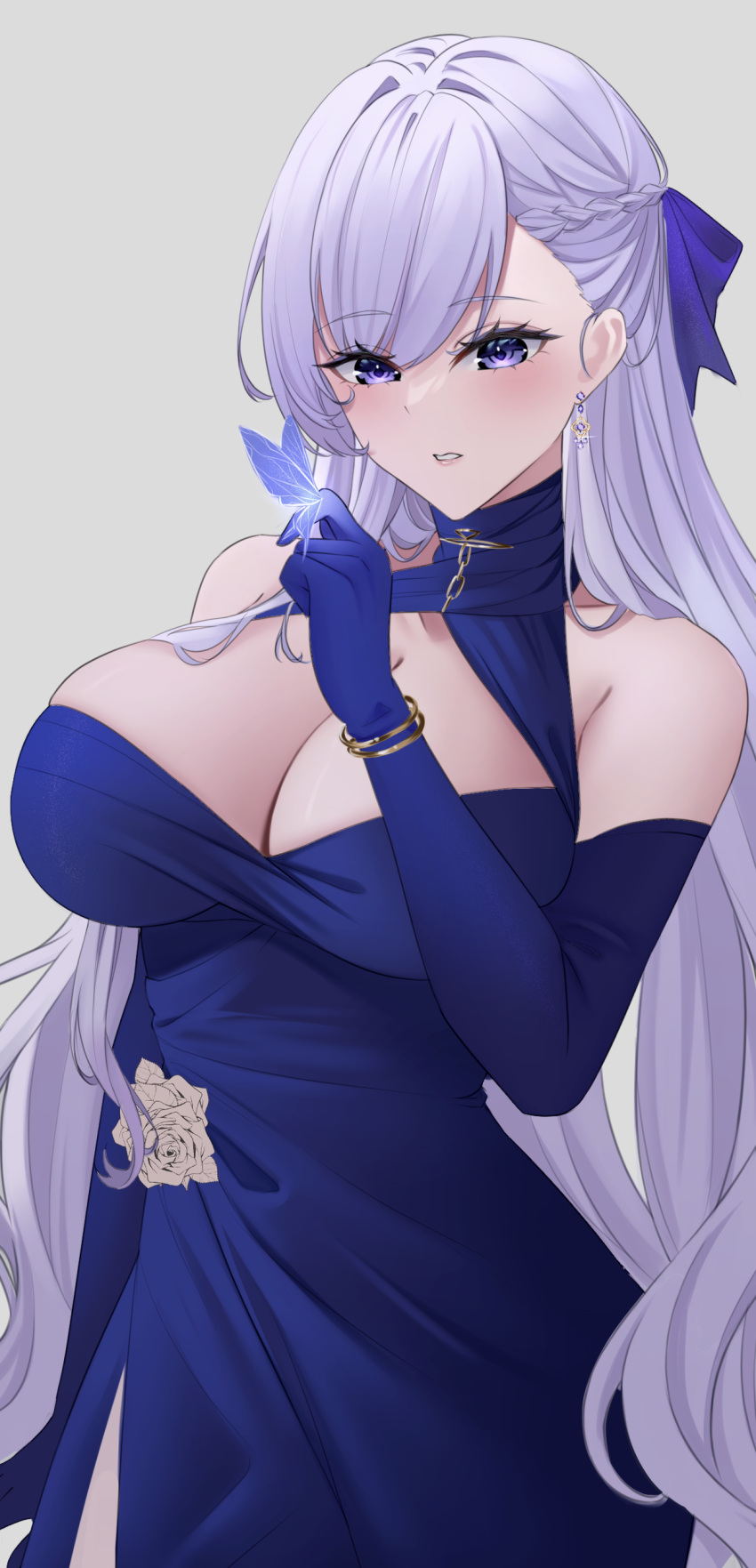 absurdres azur_lane belfast_(azur_lane) belfast_(the_noble_attendant)_(azur_lane) blue_dress blue_eyes blue_gloves blue_ribbon bracelet braid breasts bug butterfly cleavage dress earrings elbow_gloves female flower gloves grey_hair hair_ribbon halter_dress halterneck highres jewelry long_hair nanako94418108 official_alternate_costume ribbon rose side_slit solo very_long_hair