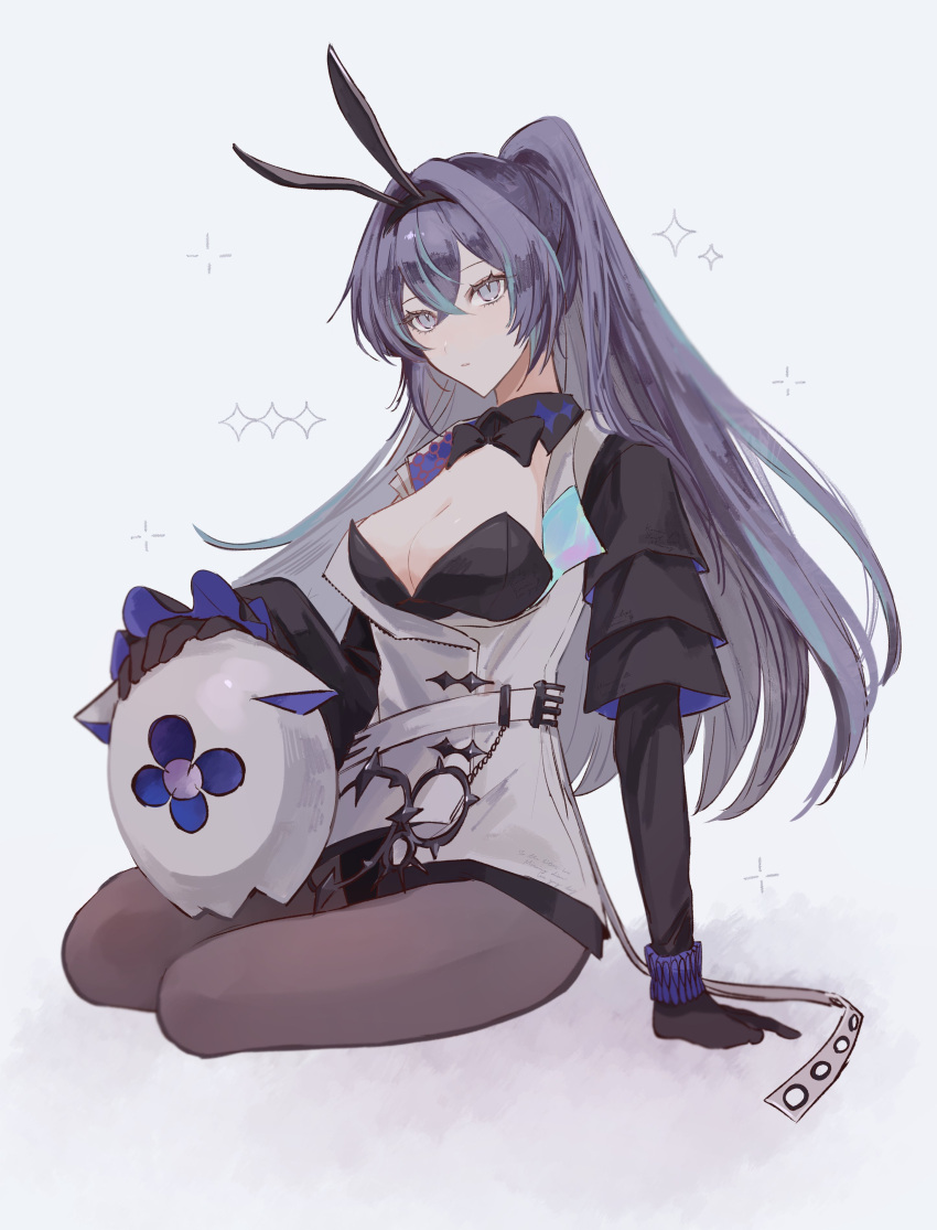 absurdres animal_ear_hairband animal_ears arm_rest asagi_12_457 black_bow black_bowtie black_gloves black_hairband black_pantyhose black_shirt blue_hair bow bowtie breasts detached_collar fake_animal_ears female genderswap_(mtf) gloves grey_eyes hair_between_eyes hairband high_ponytail highres holding hoshirube_sho jacket large_breasts layered_sleeves long_hair long_sleeves multicolored_hair nijisanji on_floor pantyhose petting purple_hair rabbit_ear_hairband rabbit_ears rule_63 shirt simple_background solo sparkle streaked_hair virtual_youtuber white_background white_jacket