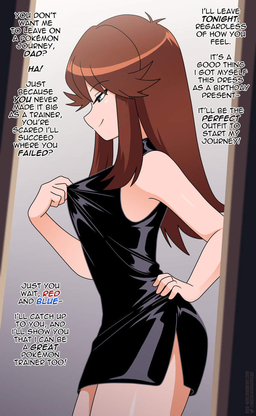 absurdres black_dress blue_eyes brown_hair clothes_pull cropped_legs dress dress_pull english_text female green_(pokemon) hand_on_own_hip highres indoors long_hair nico-neko pokemon pokemon_rgby pulling_own_clothes sidelocks smile solo standing