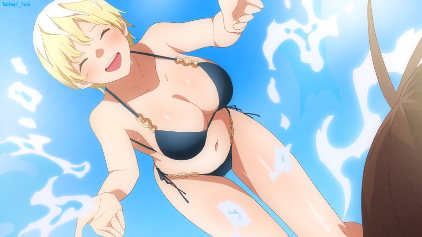 1boy 7seb antenna_hair bikini blonde_hair blue_bikini breasts brown_hair closed_eyes day female highres izumo_tenka large_breasts leaning_forward mato_seihei_no_slave multicolored_hair navel open_mouth outdoors solo_focus splashing swimsuit teeth two-tone_hair upper_teeth_only wakura_yuuki white_hair