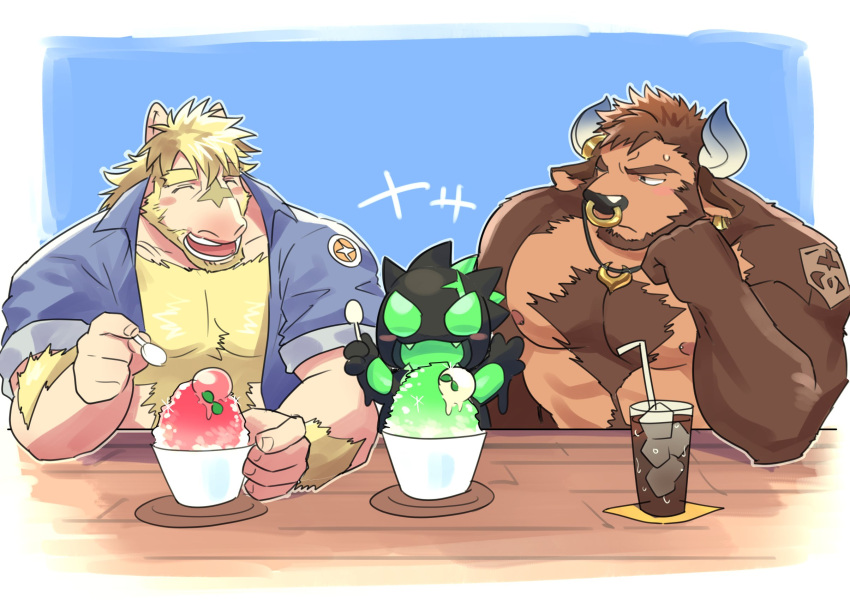 anothereidos_of_dragon_vein_r anthro beverage blonde_hair body_hair bovid bovine brown_body brown_fur brown_hair cattle chest_hair chibi clothed clothing dessert equid equine equus_(anothereidos_r) food fur group hair hi_res horn horse jade_(anothereidos_r) male mammal muscular muscular_male open_clothing open_shirt open_topwear shaved_ice shirt shirtless slime soda tan_body tan_fur topwear trio volund yksb2